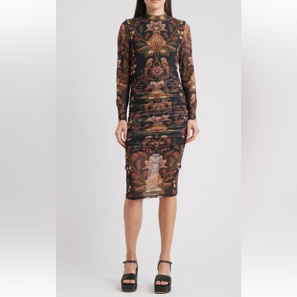 Farm Rio Transparent Berry Garden Long Sleeve Ruched Dress Size XL - Picture 2 of 14